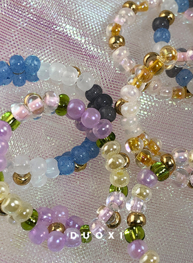 女串珠ins奶油色系花朵编织戒指