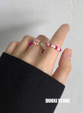 女串珠彩色复古小清新戒指