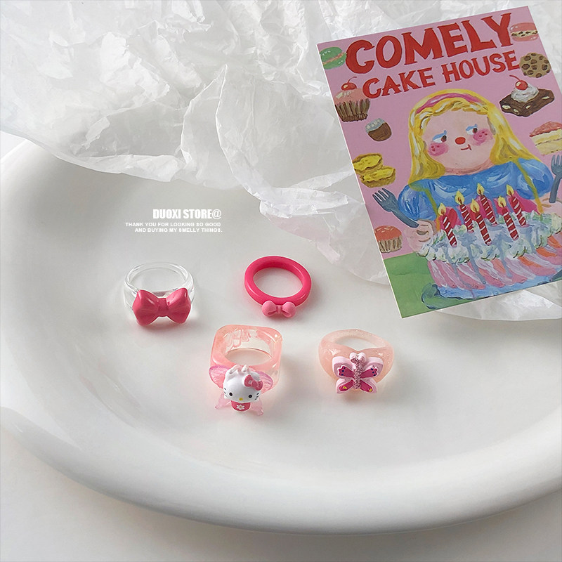 Duoxi Store Elf Princess Pink HelloKitty Kitty bow-length folded ring