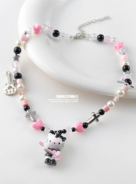 多喜商店【电音浪潮】摇滚吉他手KT猫暗黑色串珠小众凯蒂猫项链子