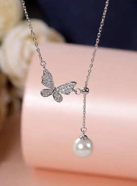 坠链均925银 新款蝴蝶结光珠项链时尚轻奢百搭锁骨链DR