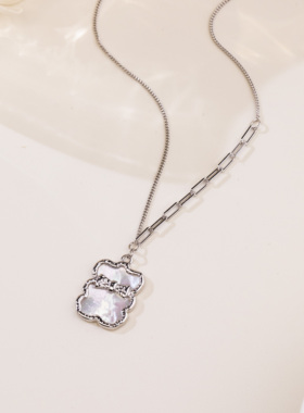 格格银楼 坠链均925银贝壳 气质白色白贝蝴蝶结套链时尚简约百搭