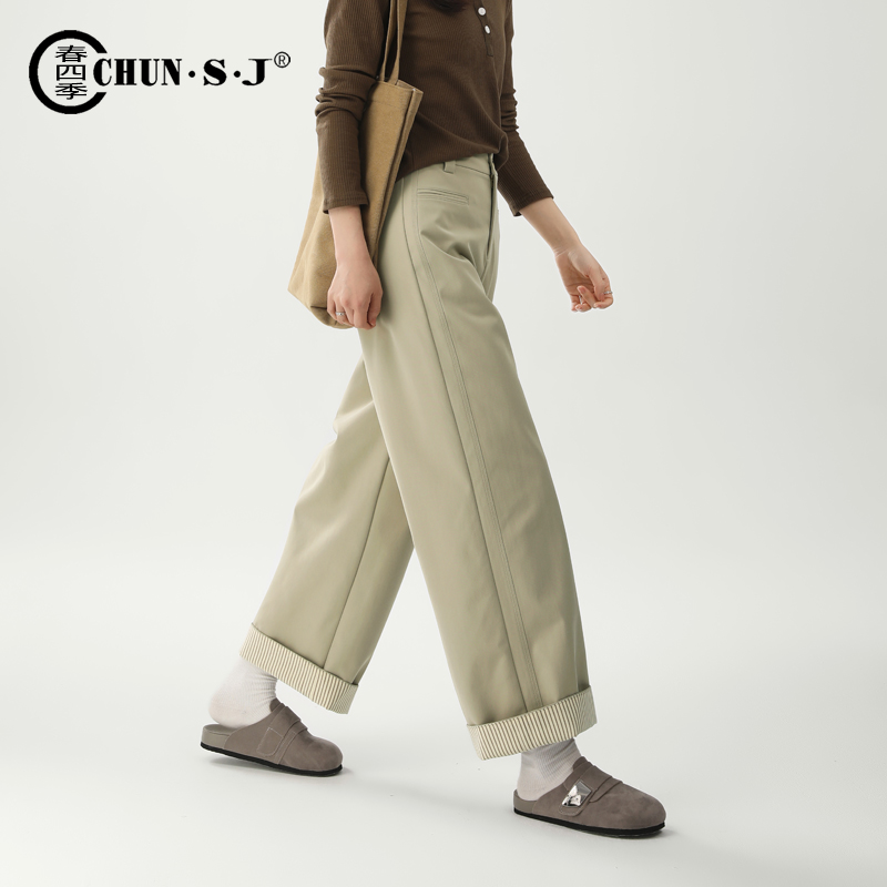 时尚卷边直筒西装裤女2025新款秋季休闲西裤女裤藏蓝色裤子阔腿裤 - 图0