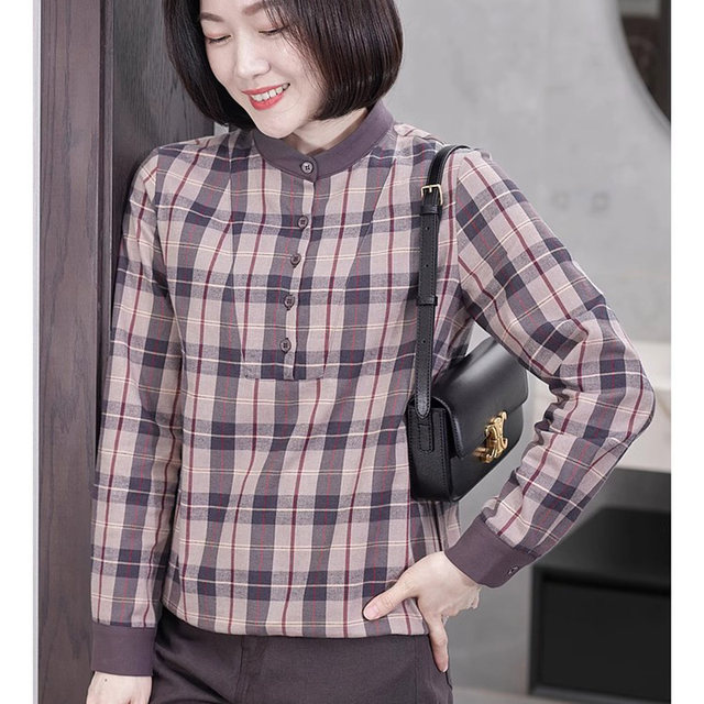 New high-end pure cotton plaid shirt for women with stand collar for fall