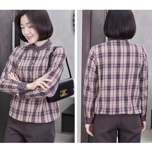 New high-end pure cotton plaid shirt for women with stand collar for fall