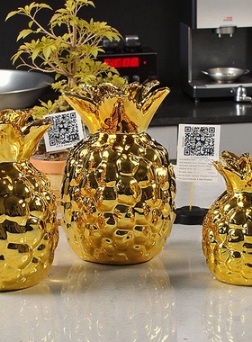 陶瓷电镀金菠萝金色凤梨水果摆件