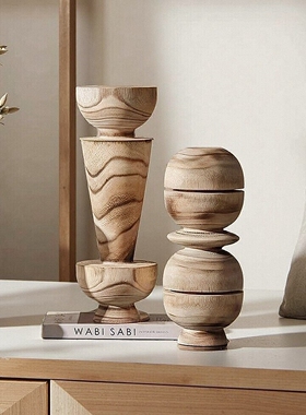 侘寂风实木套环木雕塑软装饰品