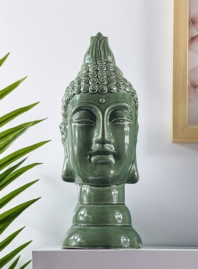 陶瓷亮光灰绿佛土佛首饰品摆设