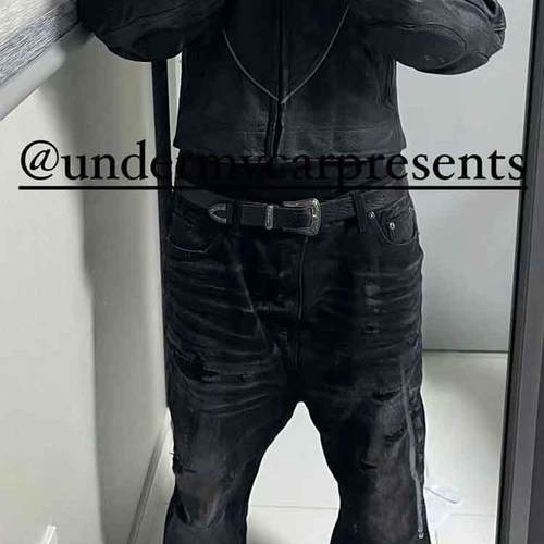 Undermycar 24FW FLARE 泥浆脏染破坏破洞宽微喇显腿长重磅牛仔裤 - 图3