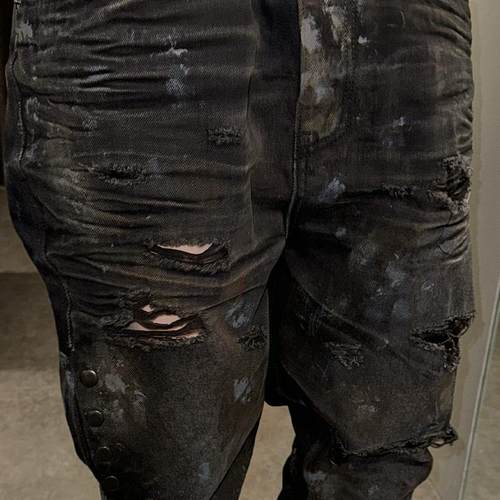 Undermycar 24FW FLARE 泥浆脏染破坏破洞宽微喇显腿长重磅牛仔裤 - 图0