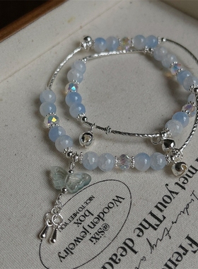 浮蝶生新中式海蓝色碎冰花串珠蝴蝶双层手链女百搭甜美手串首饰品