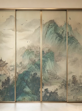 玻璃贴纸中式山水办公室静电艺术透光复古厨房玻璃门装饰贴画贴膜
