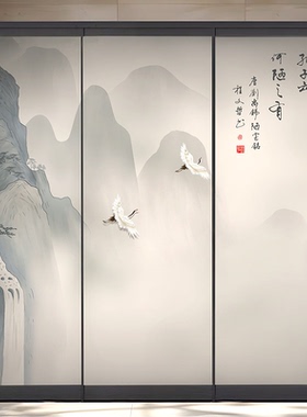 玻璃贴纸新款中式山水玻璃门双面磨砂静电透光不透明装饰贴画贴膜