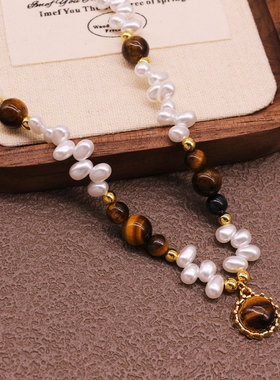 虎眼石项链高级感异形珍珠锁骨链