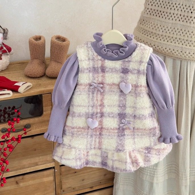 韩系女童冬装淡紫温柔拜年礼裙新款儿童加绒格子公主爱心软萌套装,淘宝优惠券,粉丝福利购,淘宝优惠卷