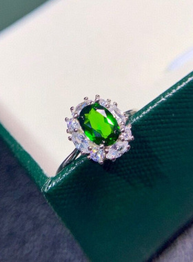 欧美高端珠宝女士时尚气质仿真祖母绿碧玺硞石镶钻镀白金戒指礼物