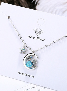 蓝色硞石星月小众设计高级感项链韩版少女学生甜美镀白金锁骨链