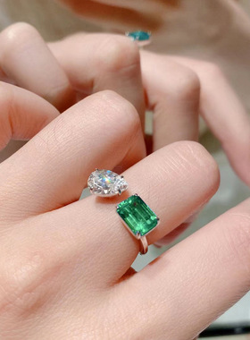 少女学生简约清新仿真祖母绿碧玺公主方形爱心硞石开口镀白金戒指