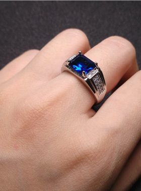 欧美气质男神仿蓝宝石大气镀金戒指时尚霸气男款商务镀白金指环