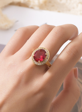 欧美高端珠宝少女简约甜美椭圆形仿真红碧玺宝石镀黄金色戒指钻戒