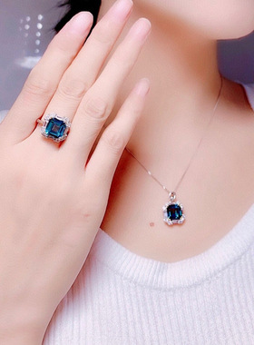 欧美高端珠宝女士时尚仿真蓝宝石公主方硞石镶钻分镀金吊坠项链