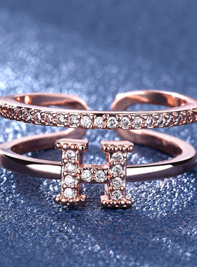 韩版时尚H工字母硞石微镶玫瑰金戒指少女简约甜美钻戒情人节礼物