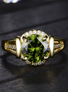 欧美高端珠宝女士时尚气质橄榄绿闪钻镀18K黄金色镀玫瑰金戒指