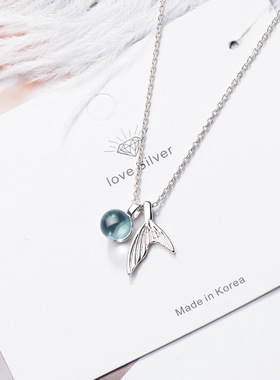 韩版蓝色水晶清澈水人鱼尾巴镀金项链少女学生简约甜美气质锁骨链