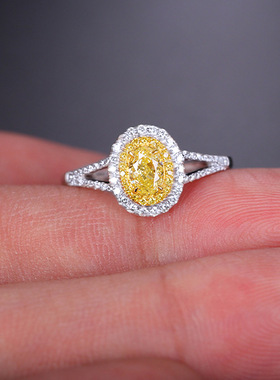 欧美高端珠宝少女简约甜美椭圆形锆石镶钻黄钻分色镀金戒指可调节