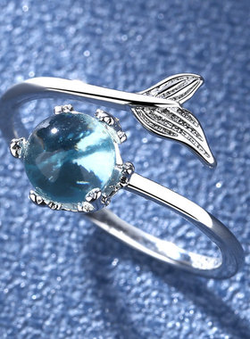 韩版时尚气质蓝色硞石美人鱼泡沫开口戒指少女甜美简约情人节礼物