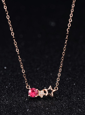项链女学生甜美五角星星仿天然玫红色红宝石吊坠镀18K玫瑰金项链