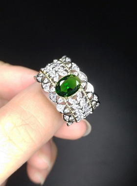 欧美时尚仿祖母绿稻穗戒指女士豪华硞石镶满钻双色金高级感戒指