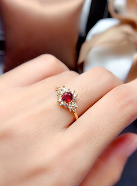 欧美高端珠宝少女简约甜美仿真红碧玺硞石镶满钻太阳花镀黄金戒指