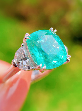 少女学生简约气质带棉絮仿天然托帕石蓝绿色几何形硞石镀白金戒指