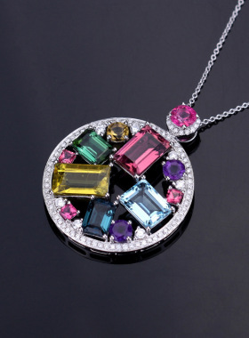 欧美时尚彩色宝石七彩色糖果几何圆形吊坠少女学生甜美镀白金项链
