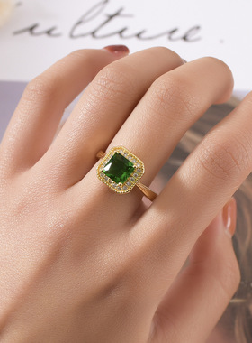 欧美高端珠宝女士正方形仿真绿碧玺高贵祖母绿锆石镶钻镀黄金戒指