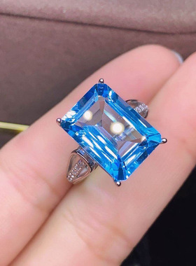 欧美高端珠宝女士简约气质长方形仿真海蓝托帕石镀白金戒指可调节