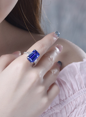欧美高端气质珠宝女士简约长方形仿蓝宝石坦桑石镀白金戒指礼物
