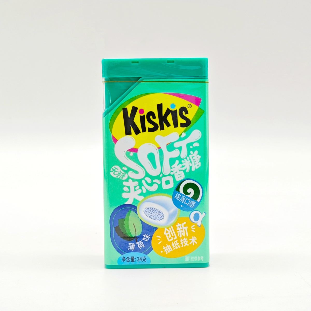 酷滋kiskis无糖夹心口香糖34g/盒装水蜜桃味薄荷味糖果木糖醇带纸 - 图1