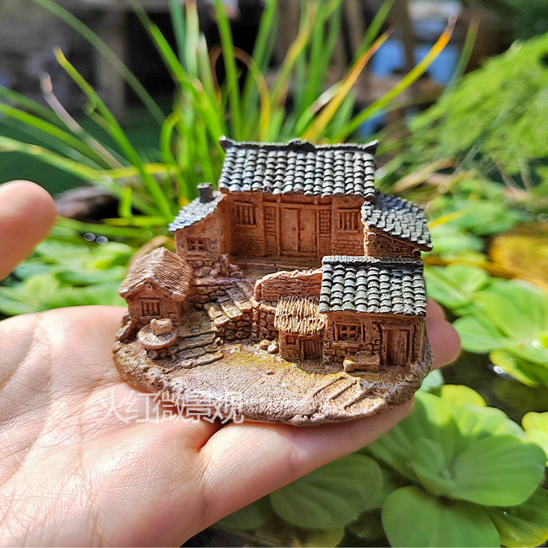 乡村瓦砖房农村小院微景观小摆件吸水石假山盆景庭院盆栽造景装饰 - 图0