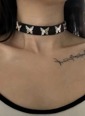 新款复古蝴蝶造型铆钉皮质流行朋克风皮手链 跨境简约皮质颈链