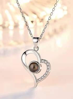 S925纯银100种语言我爱你投影项链女镂空爱心简约项链记忆锁骨链