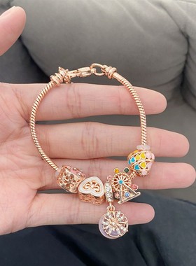潘家风格摩天轮手链女网红ins小众轻奢玫瑰金雪花粉色琉璃珠手链
