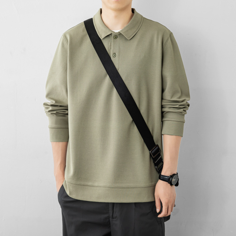 翻领POLO衫男夏季宽松套头潮牌男上衣春夏款纯色长袖打底衫T恤男 - 图1