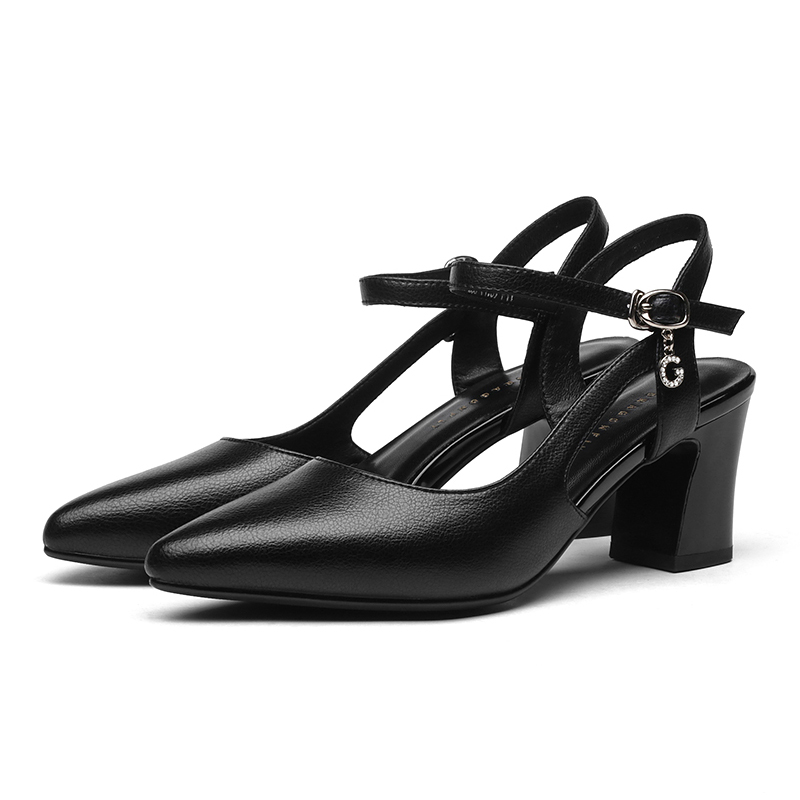 红蜻蜓女鞋官方旗舰店红蜻蜓女单鞋夏季新款中跟尖头高跟鞋粗跟中空女鞋包头凉鞋女3