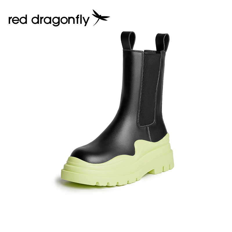红蜻蜓女鞋官方旗舰店红蜻蜓马丁靴女鞋新款厚底靴子秋季薄款中筒烟筒靴切尔西靴女0