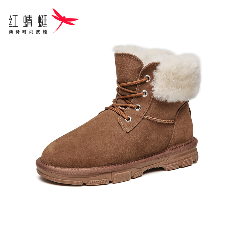 红蜻蜓女鞋官方旗舰店红蜻蜓女鞋冬季新款百搭时尚厚底短筒靴子加绒毛系带雪地靴女0