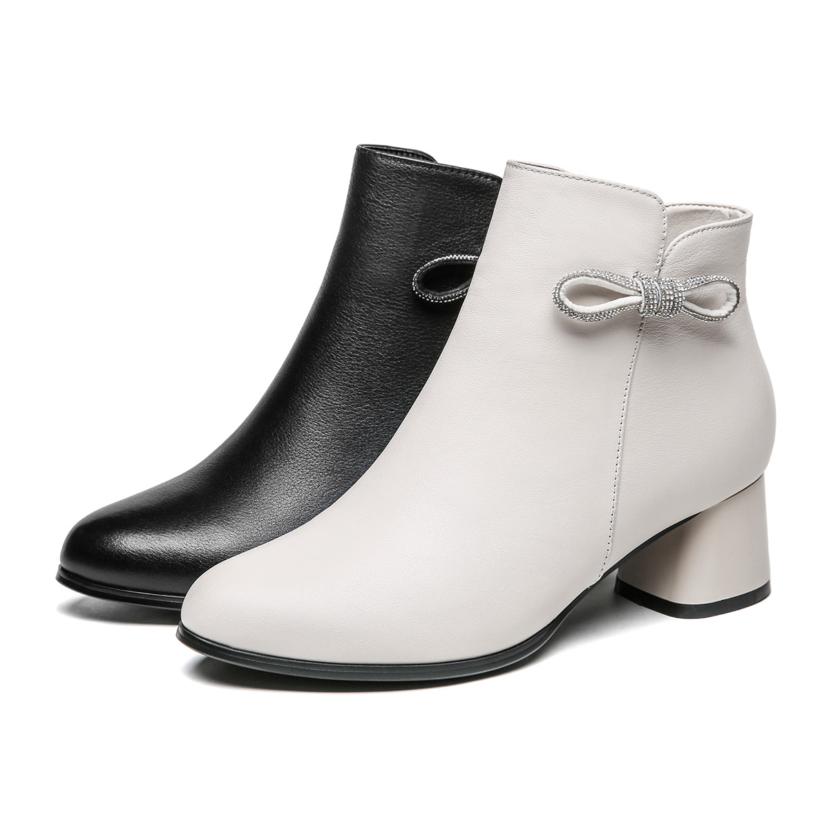 红蜻蜓女鞋官方旗舰店红蜻蜓短靴女秋冬新款复古英伦靴子粗跟真皮高跟时蝴蝶装靴女3