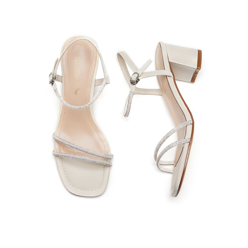 红蜻蜓女鞋官方旗舰店红蜻蜓女鞋年夏季新款高跟方头真皮鞋女仙女风水钻时装凉鞋2