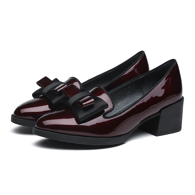 红蜻蜓女鞋官方旗舰店红蜻蜓女鞋秋季新款粗跟黑色蝴蝶结小皮鞋乐福鞋英伦大码女鞋3